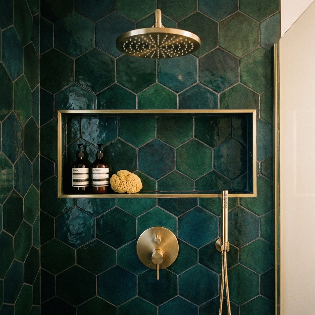 Detail shot of shower niche and tile work