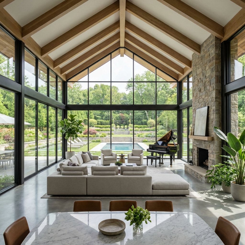 Spacious sunroom home addition with floor-to-ceiling windows