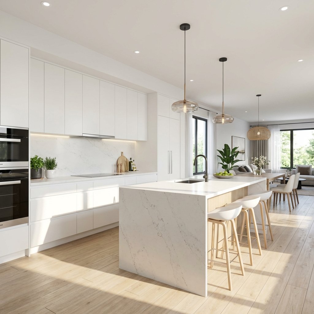 Modern kitchen remodeling project in Greater Boston with white cabinets