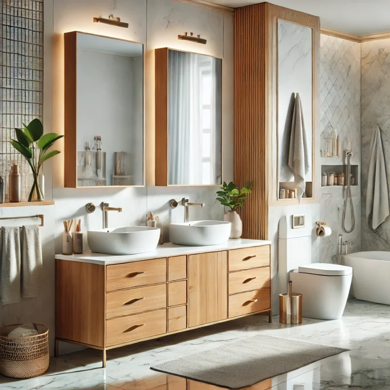 A modern bathroom showcasing different vanity styles including a freestanding wooden vanity, a sleek white wall-mounted vanity, and a compact corner vanity.