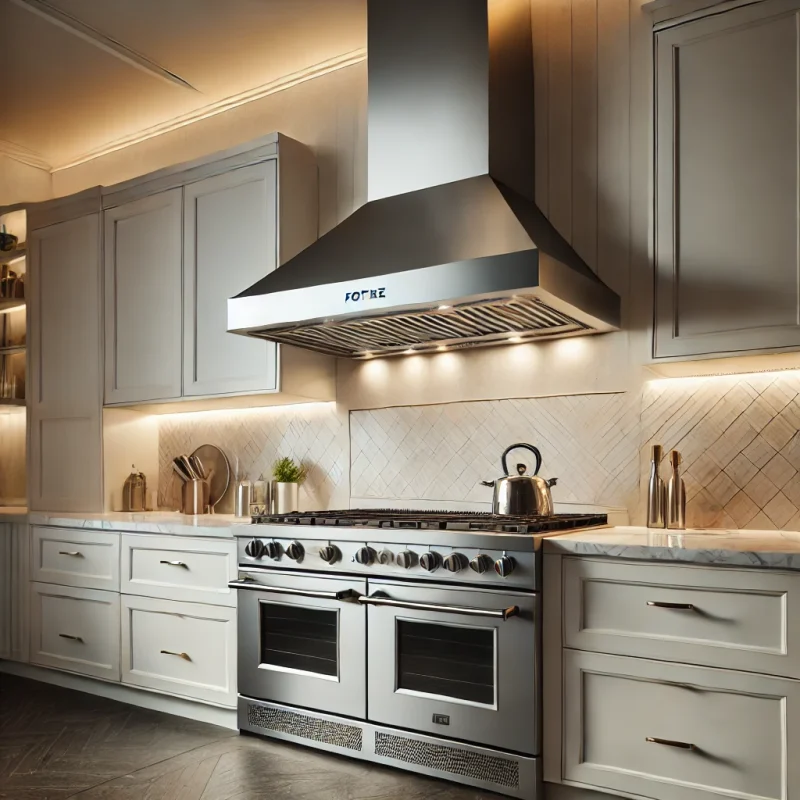 Modern kitchen with a sleek stainless steel Fotile range hood above a stylish cooking range.