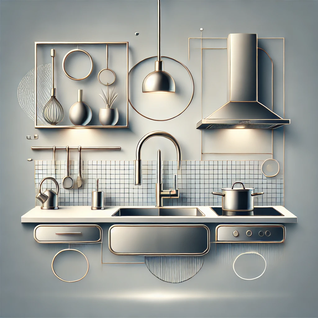 Thumbnail image of high-quality kitchen fixtures, featuring a sleek kitchen faucet, stainless steel sink, and modern range hood, with a minimalist gray background and text overlay reading 'High-Quality Kitchen Fixtures.