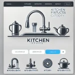 Sleek and modern image for the Kitchen Fixtures category in the header menu, featuring a minimalist kitchen faucet design on a light gray background.